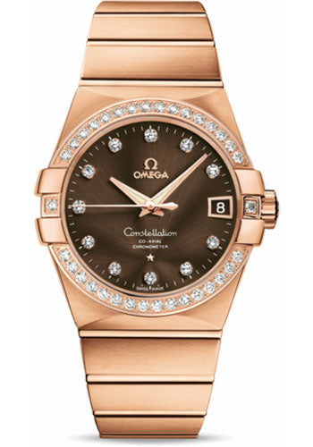 Omega Gents Constellation Chronometer Watch - 38 mm Brushed Red Gold Case - Diamond Bezel - Brown Diamond Dial - 123.55.38.21.63.001