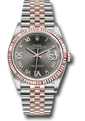 Rolex Steel and Everose Rolesor Datejust 36 Watch - Fluted Bezel - Dark Rhodium Roman Dial - Jubilee Bracelet - 126231 dkrdr69j