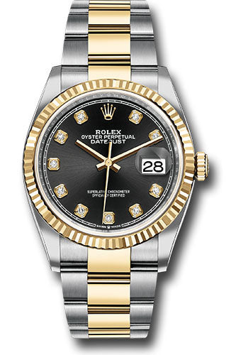 Rolex Steel and Yellow Gold Rolesor Datejust 36 Watch - Fluted Bezel - Black Diamond Dial - Oyster Bracelet - 126233 bkdo