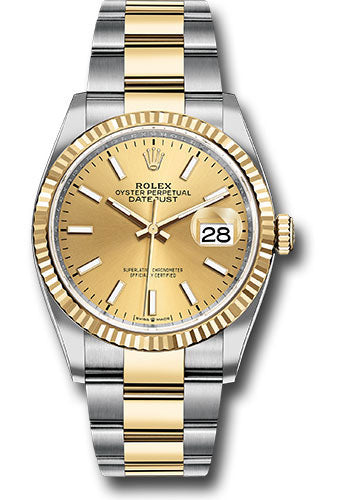 Rolex Steel and Yellow Gold Rolesor Datejust 36 Watch - Fluted Bezel - Champagne Index Dial - Oyster Bracelet - 126233 chio