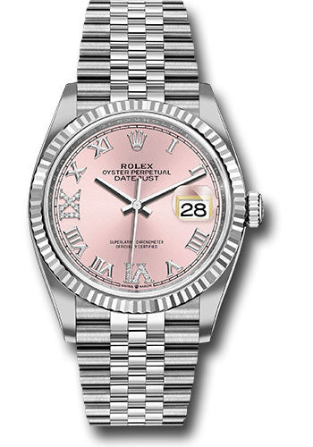 Rolex Steel Datejust 36 Watch - Fluted Bezel - Pink Diamond Roman VI and IX Dial - Jubilee Bracelet - 2019 Release - 126234 pdr69j