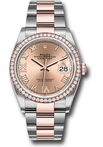 Rolex Steel and Everose Rolesor Datejust 36 Watch - Diamond Bezel - Rose Roman Dial - Oyster Bracelet - 126281RBR rdr69o