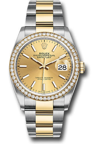 Rolex Steel and Yellow Gold Rolesor Datejust 36 Watch - Diamond Bezel - Champagne Index Dial - Oyster Bracelet - 126283RBR chio