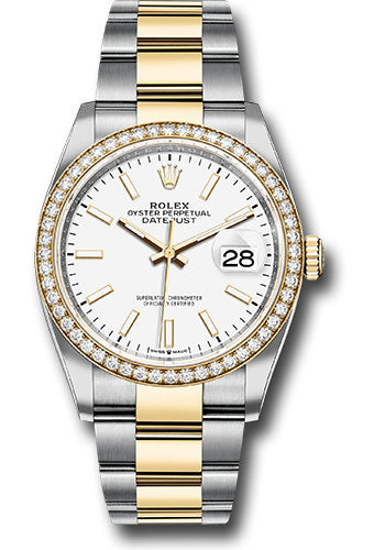 Rolex Steel and Yellow Gold Rolesor Datejust 36 Watch - Diamond Bezel - White Index Dial - Oyster Bracelet - 126283RBR wio