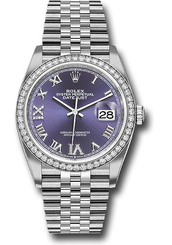 Rolex Steel Datejust 36 Watch - Diamond Bezel - Aubergine Purple Diamond Roman VI and IX Dial - Jubilee Bracelet - 2019 Release - 126284RBR audr69j
