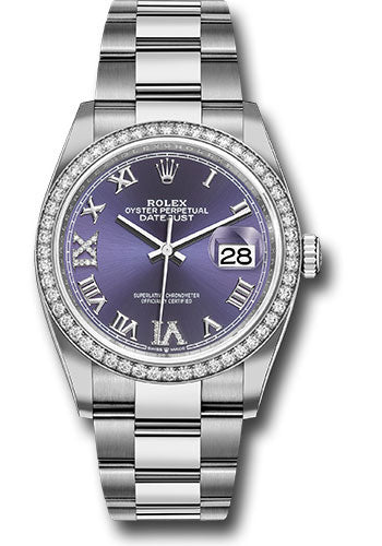 Rolex Steel Datejust 36 Watch - Diamond Bezel - Aubergine Purple Diamond Roman VI and IX Dial - Oyster Bracelet - 2019 Release - 126284RBR audr69o