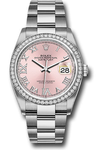 Rolex Steel Datejust 36 Watch - Diamond Bezel - Pink Diamond Roman VI and IX Dial - Oyster Bracelet - 2019 Release - 126284RBR pdr69o