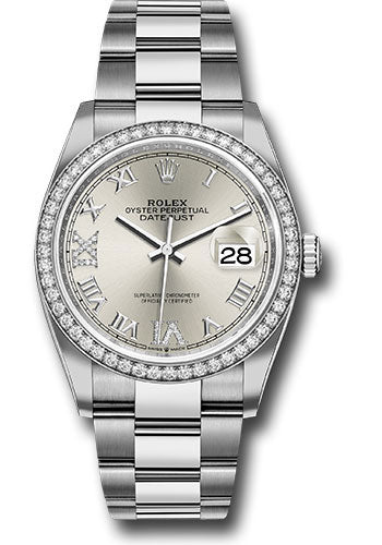 Rolex Steel Datejust 36 Watch - Diamond Bezel - Silver Diamond Roman VI and IX Dial - Oyster Bracelet - 2019 Release - 126284RBR sdr69o