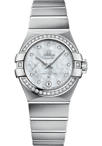 Omega Constellation Co-Axial Master CHRONOMETER Small Seconds Petite Seconde Watch - 27 mm Steel Case - White Mother-Of-Pearl Diamond Dial - 127.15.27.20.55.001