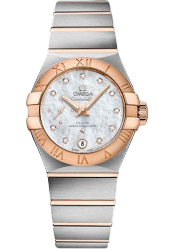 Omega Constellation Co-Axial Master CHRONOMETER Small Seconds Petite Seconde Watch - 27 mm Steel And Red Gold Case - White Mother-Of-Pearl Diamond Dial - 127.20.27.20.55.001