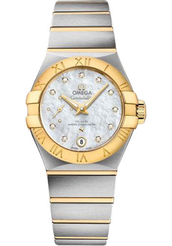 Omega Constellation Co-Axial Master CHRONOMETER Small Seconds Petite Seconde Watch - 27 mm Steel And Yellow Gold Case - White Mother-Of-Pearl Diamond Dial - 127.20.27.20.55.002