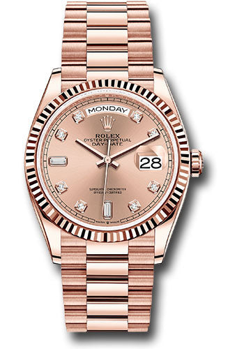 Rolex Everose Gold Day-Date 36 Watch - Fluted Bezel - Rose Diamond Dial - President Bracelet - 128235 rodp