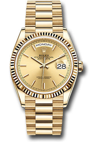 Rolex Yellow Gold Day-Date 36 Watch - Fluted Bezel - Champagne Index Dial - President Bracelet - 128238 chip