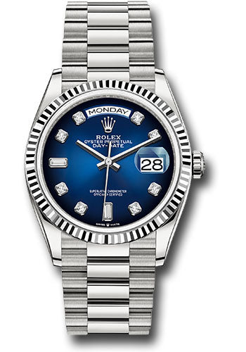 Rolex White Gold Day-Date 36 Watch - Fluted Bezel - Blue Ombre´ Diamond Dial - President Bracelet - 128239 blodp