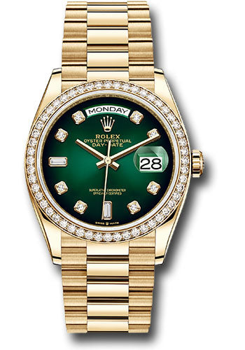 Rolex Yellow Gold Day-Date 36 Watch - Diamond Bezel - Green Ombre´ Diamond Dial - President Bracelet - 128348RBR godp