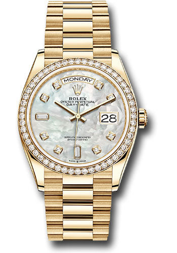 Rolex Yellow Gold Day-Date 36 Watch - Diamond Bezel - Mother-of-Pearl Diamond Dial - President Bracelet - 128348RBR mdp