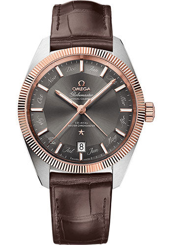 Omega Constellation Globemaster Co-Axial Master Chronometer Annual Calendar Watch - 41 mm Steel And Sedna Gold Case - Sedna Gold Fluted Bezel - Grey Dial - Brown Leather Strap - 130.23.41.22.06.001
