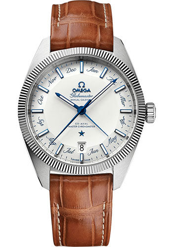 Omega Constellation Globemaster Co-Axial Master Chronometer Annual Calendar Watch - 41 mm Steel Case - Fluted Bezel - Silvery Dial - Light Brown Leather Strap - 130.33.41.22.02.001