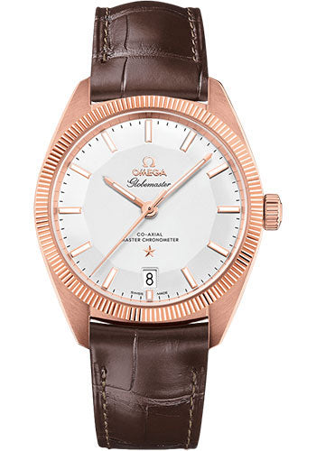 Omega Constellation Globemaster Co-Axial Master Chronometer Watch - 39 mm Sedna Gold Case - Fluted Bezel - Silvery Dial - Brown Leather Strap - 130.53.39.21.02.001