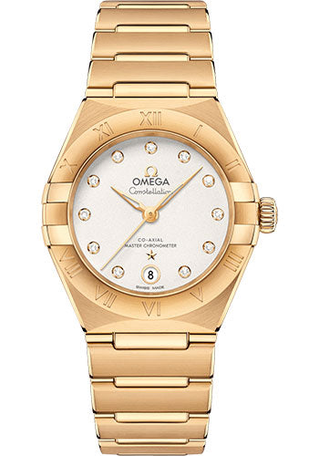 Omega Constellation Manhattan Co-Axial Master Chronometer Watch - 29 mm Yellow Gold Case - Crystal White Silvery Diamond Dial - 131.50.29.20.52.002
