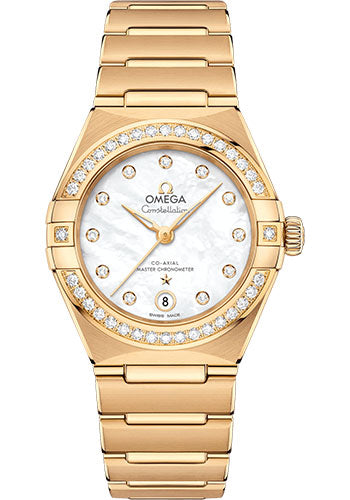 Omega Constellation Manhattan Co-Axial Master Chronometer Watch - 29 mm Yellow Gold Case - Diamond-Paved Bezel - Mother-Of-Pearl Diamond Dial - 131.55.29.20.55.002