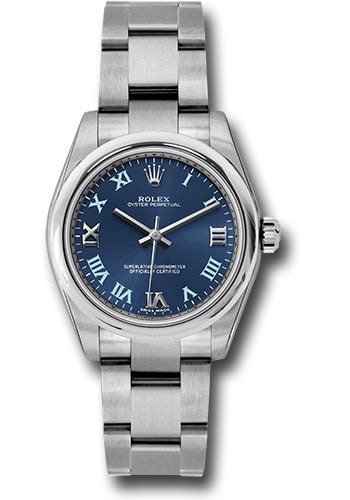 Rolex Steel Oyster Perpetual 31 Watch - Domed Bezel - Azzuro Blue Gold Iii VI Ix Roman Dial - 177200 blro