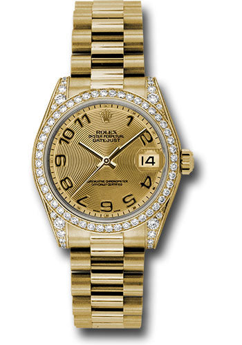 Rolex Yellow Gold Datejust 31 Watch - 48 Diamond Bezel - Champagne Concentric Circle Arabic Dial - President Bracelet - 178158 chcap