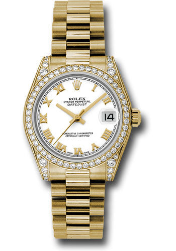 Rolex Yellow Gold Datejust 31 Watch - 48 Diamond Bezel - White Roman Dial - President Bracelet - 178158 wrp