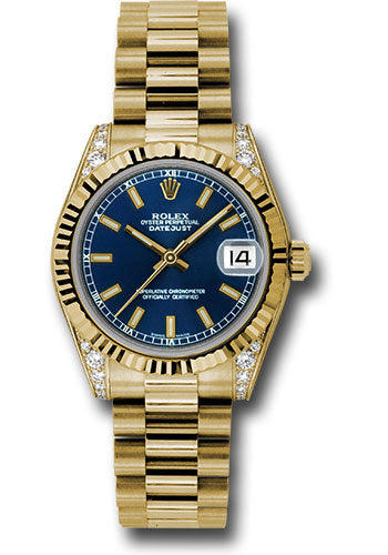 Rolex Yellow Gold Datejust 31 Watch - Fluted Bezel - Blue Index Dial - President Bracelet - 178238 blip