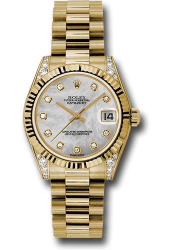 Rolex Yellow Gold Datejust 31 Watch - Fluted Bezel - Mother-Of-Pearl Diamond Dial - President Bracelet - 178238 mdp