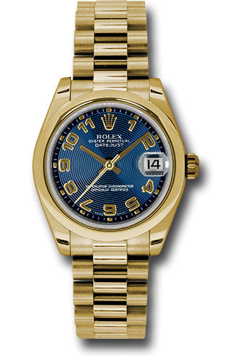 Rolex Yellow Gold Datejust 31 Watch - Domed Bezel - Blue Concentric Circle Arabic Dial - President Bracelet - 178248 blcap