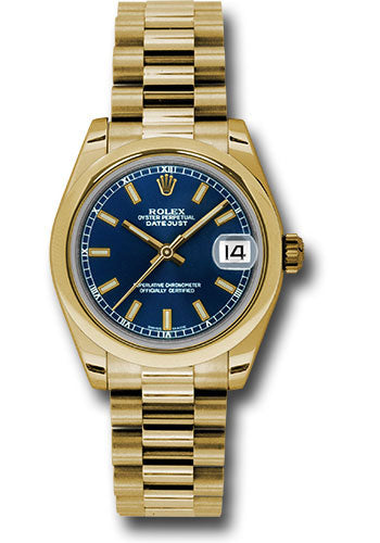 Rolex Yellow Gold Datejust 31 Watch - Domed Bezel - Blue Concentric Circle Index Dial - President Bracelet - 178248 blip