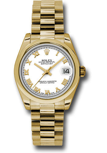Rolex Yellow Gold Datejust 31 Watch - Domed Bezel - White Roman Dial - President Bracelet - 178248 wrp