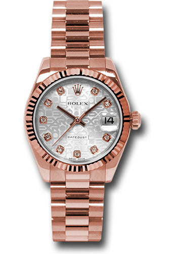Rolex Pink Gold Datejust 31 Watch - Fluted Bezel - Silver Jubilee Diamond Dial - President Bracelet - 178275 sjdp