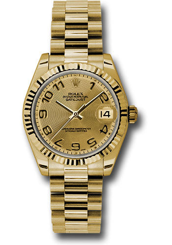 Rolex Yellow Gold Datejust 31 Watch - Fluted Bezel - Champagne Concentric Circle Arabic Dial - President Bracelet - 178278 chcap