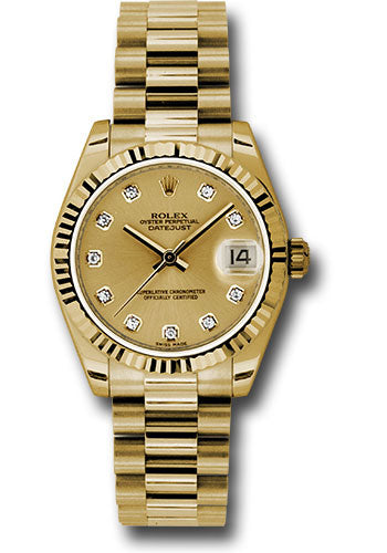 Rolex Yellow Gold Datejust 31 Watch - Fluted Bezel - Champagne Diamond Dial - President Bracelet - 178278 chdp