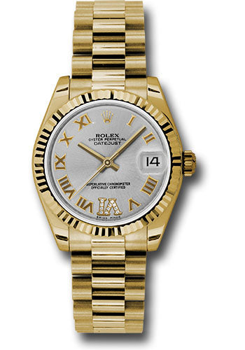Rolex Yellow Gold Datejust 31 Watch - Fluted Bezel - Silver Diamond Roman Vi Roman Dial - President Bracelet - 178278 sdrp