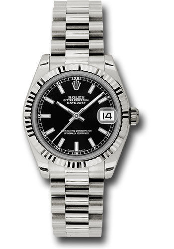 Rolex White Gold Datejust 31 Watch - Fluted Bezel - Black Index Dial - President Bracelet - 178279 bkip
