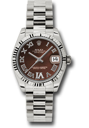 Rolex White Gold Datejust 31 Watch - Fluted Bezel - Bronze Diamond Roman Vi Roman Dial - President Bracelet - 178279 brdrp