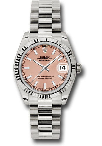 Rolex White Gold Datejust 31 Watch - Fluted Bezel - Pink Index Dial - President Bracelet - 178279 pip