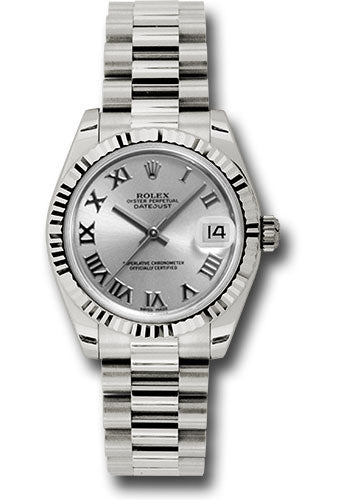 Rolex White Gold Datejust 31 Watch - Fluted Bezel - Rhodium Roman Dial - President Bracelet - 178279 rrp