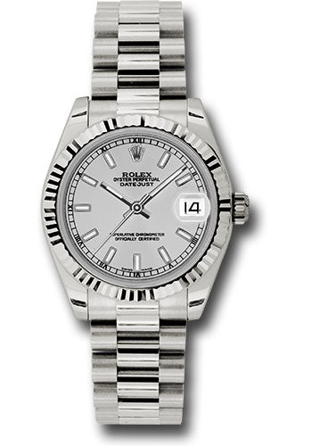 Rolex White Gold Datejust 31 Watch - Fluted Bezel - Silver Index Dial - President Bracelet - 178279 sip