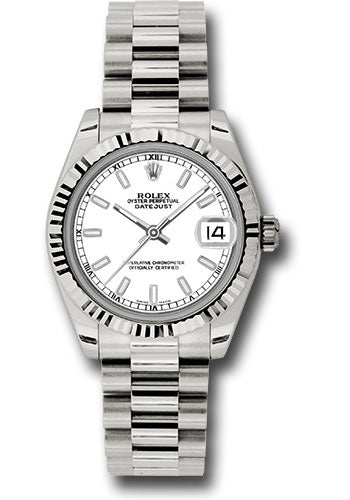 Rolex White Gold Datejust 31 Watch - Fluted Bezel - White Index Dial - President Bracelet - 178279 wip