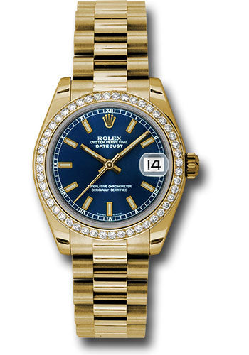 Rolex Yellow Gold Datejust 31 Watch - 48 Diamond Bezel - Blue Index Dial - President Bracelet - 178288 blip