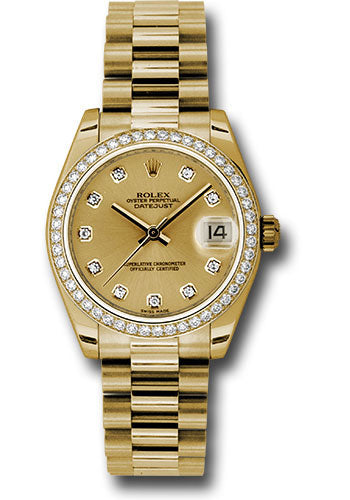 Rolex Yellow Gold Datejust 31 Watch - 48 Diamond Bezel - Champagne Diamond Dial - President Bracelet - 178288 chdp