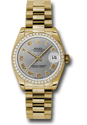 Rolex Yellow Gold Datejust 31 Watch - 48 Diamond Bezel - Gray Roman Dial - President Bracelet - 178288 grp