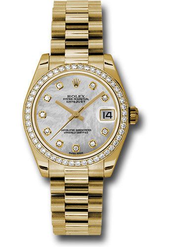 Rolex Yellow Gold Datejust 31 Watch - 48 Diamond Bezel - Mother-Of-Pearl Diamond Dial - President Bracelet - 178288 mdp