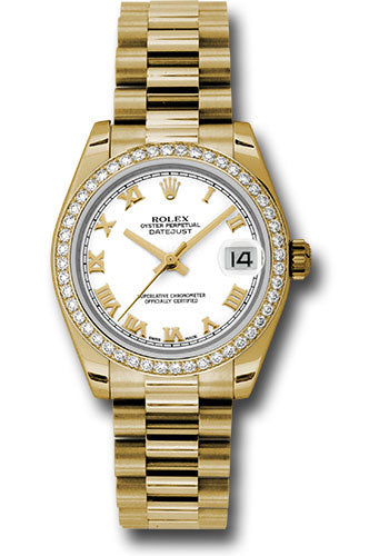 Rolex Yellow Gold Datejust 31 Watch - 48 Diamond Bezel - White Roman Dial - President Bracelet - 178288 wrp