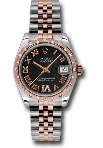 Rolex Steel and Everose Gold Datejust 31 Watch - 24 Diamond Bezel - Black Diamond Roman Vi Roman Dial - Jubilee Bracelet - 178341 bkdrj