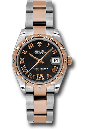 Rolex Steel and Everose Gold Datejust 31 Watch - 24 Diamond Bezel - Black Diamond Roman Vi Roman Dial - Oyster Bracelet - 178341 bkdro